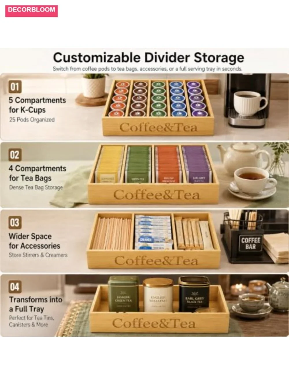 Bamboo Coffee & Tea Bag Organizer Box with 7 Adjustable Slots and Removable